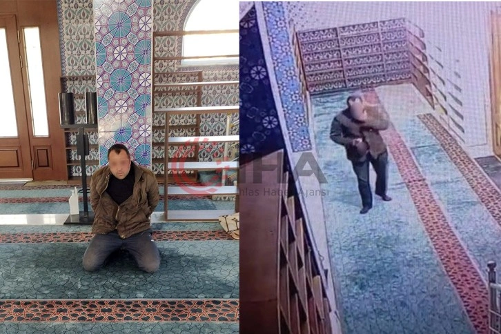İçki şişesiyle camiye giren şahıs Kur’an-ı Kerim’e tekme attı!