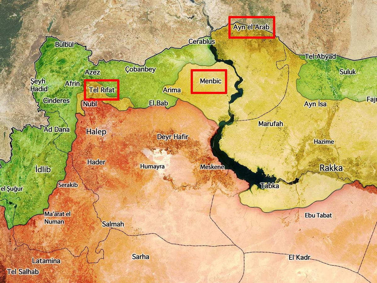 Harita: Suriye Gündemi... Türkiye'nin olası kara karekatıyla hedefinde Tel Rıfat, Münbiç ve Ayn el Arab (Kobani) var.
