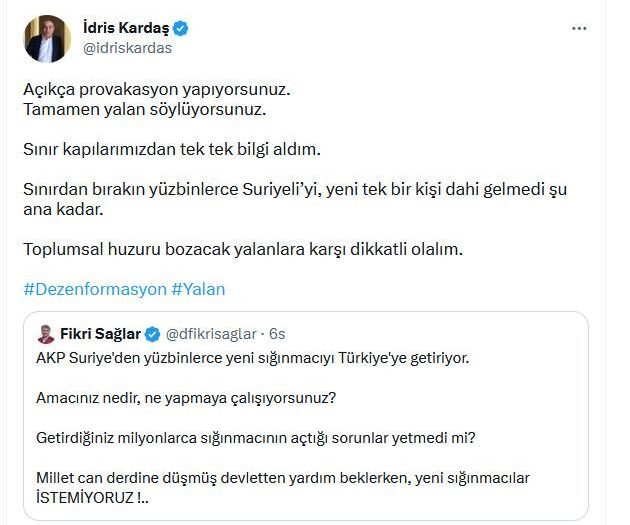Fikri Sağlar’ın “Suriye’den yeni sığınmacılar geldi” iddiasına cevap