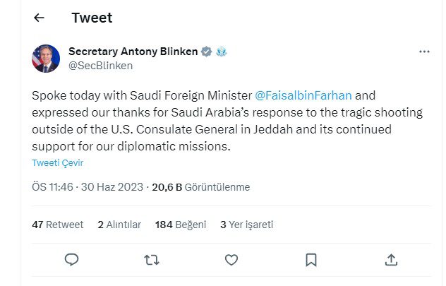 Blinken, Suudi Arabistan'a teşekkür etti Blinken, Suudi Arabistan'a teşekkür etti