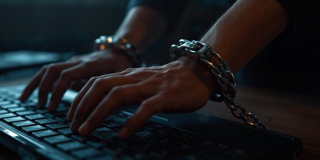 Klavyede bişeyler yazmaya çalışan ama elleri kelepçelenen kollar