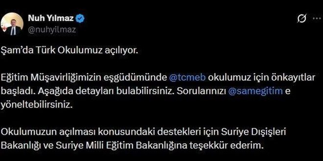 Suriye büyükelçisi duyurdu: Türk okuluna ön kayıtlar başladı